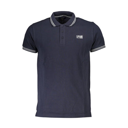 Cavalli Class Blue Cotton Men Polo Shirt with logo and contrast details, luxurious Italian design for modern comfort and style.