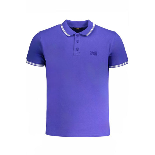 Cavalli Class Blue Cotton Polo Shirt with short sleeves, 3 buttons, contrast details, embroidery, and logo