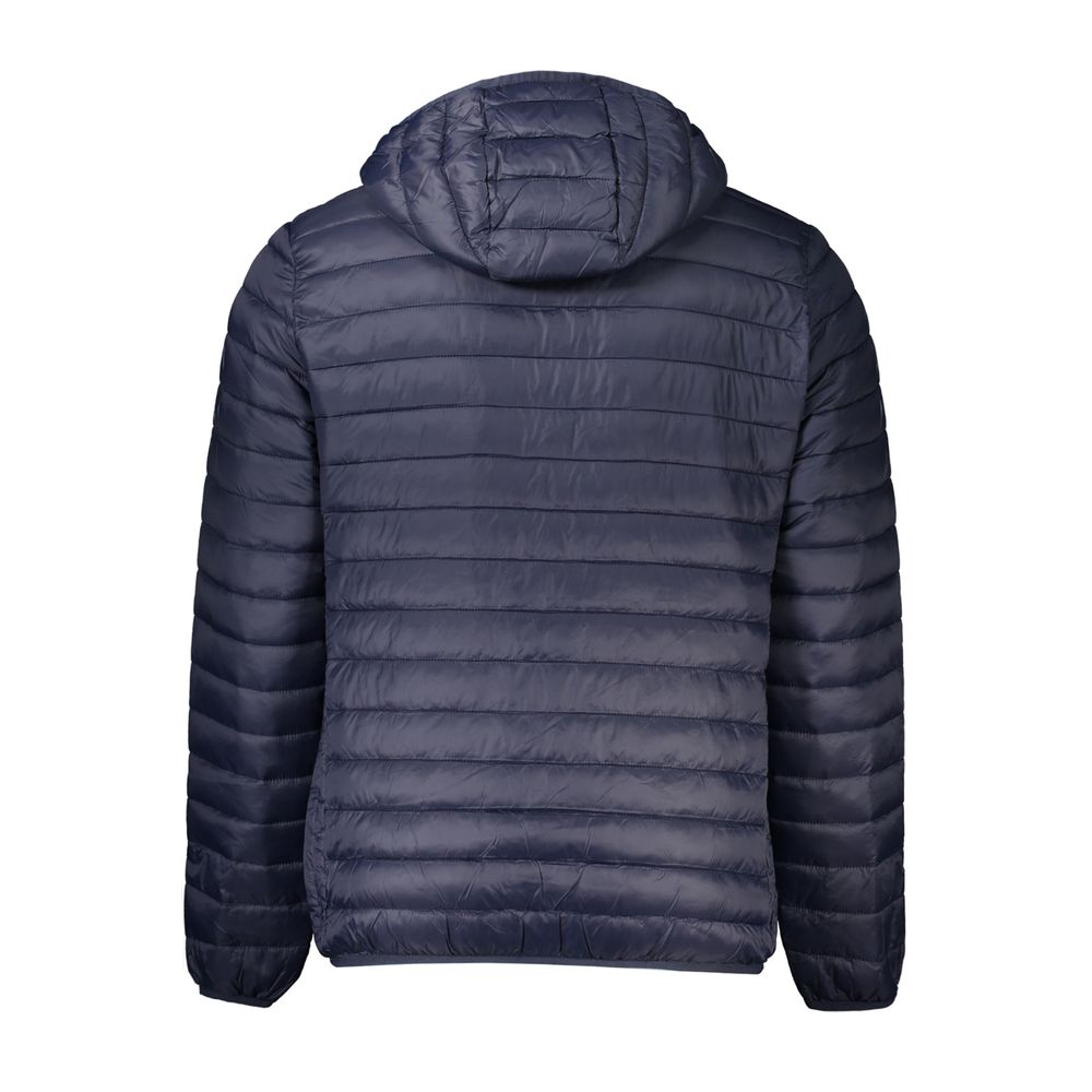 Rear view of Cavalli Class Blue Polyamide Men Jacket with hood and light padding for style and warmth