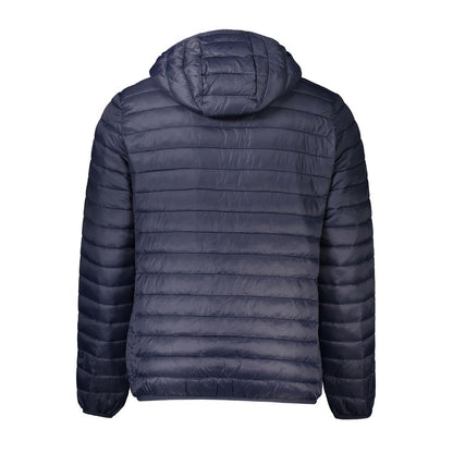 Rear view of Cavalli Class Blue Polyamide Men Jacket with hood and light padding for style and warmth