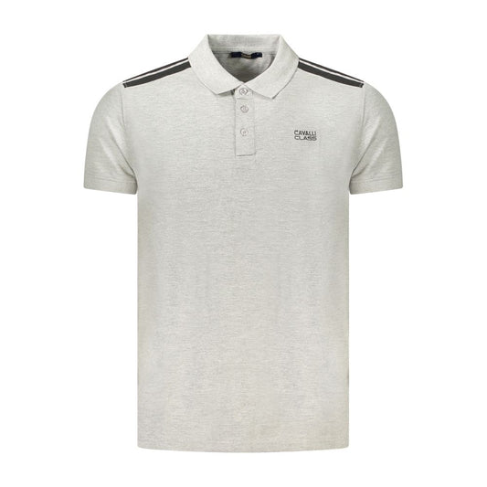 Cavalli Class Gray Cotton Polo Shirt with short sleeves, 3 buttons, contrasting details, embroidery, and logo.