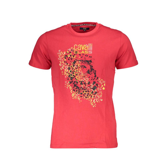 Cavalli Class Red Cotton Men T-Shirt with logo and print, luxury short-sleeve crew neck.
