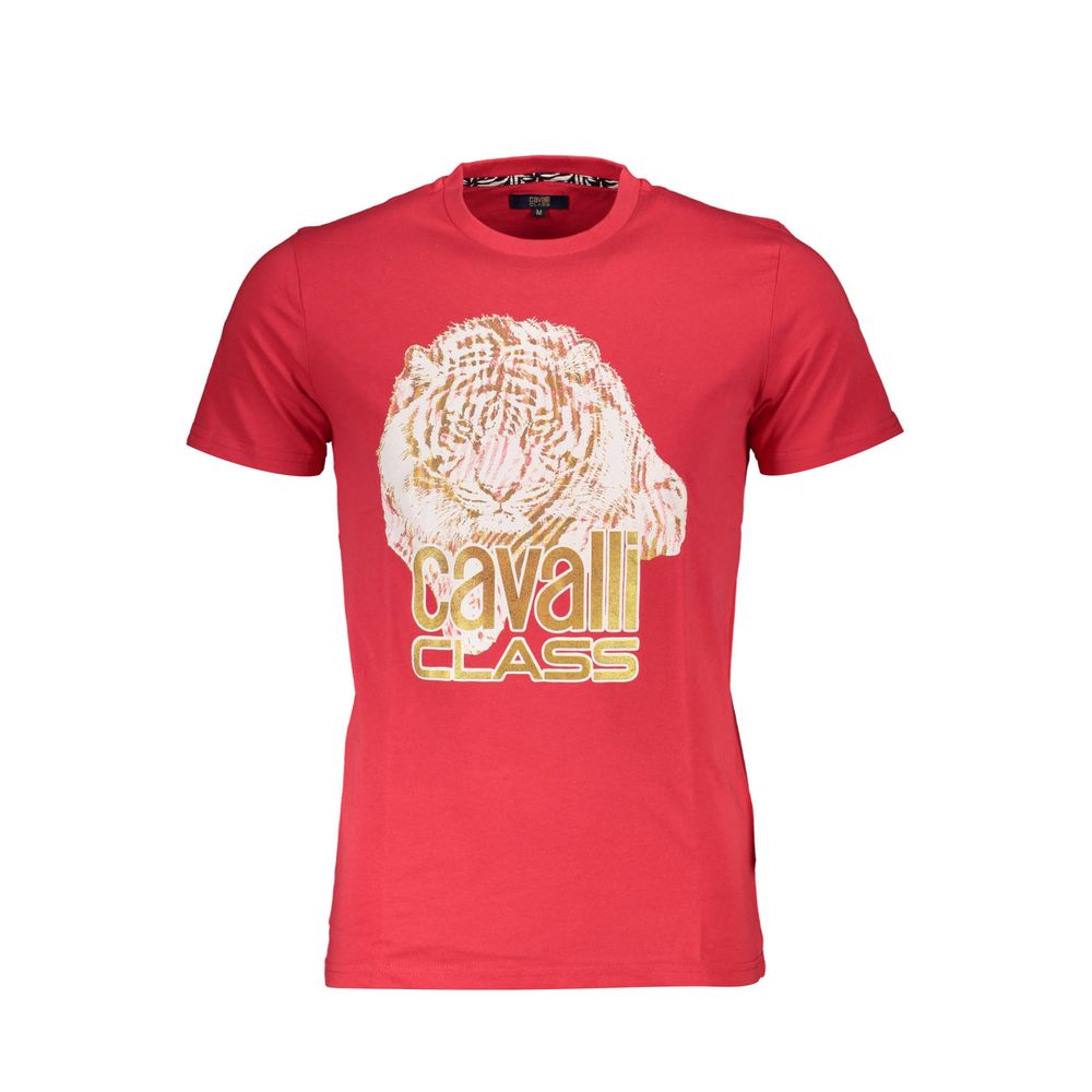 Cavalli Class Red Cotton Men TShirt with tiger print and logo, showcasing bold style and comfort for trendsetting fashion enthusiasts.