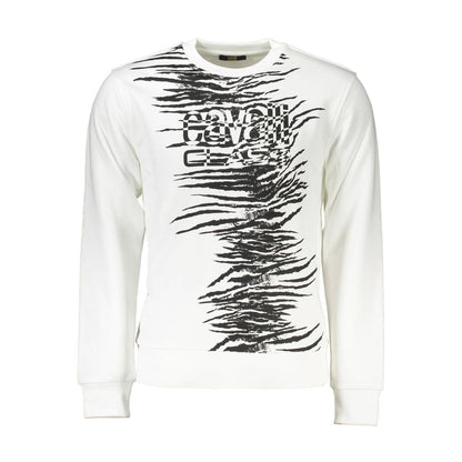Cavalli Class White Cotton Men Sweater with striking print and logo, luxury fashion, premium cotton blend, crew neck design.