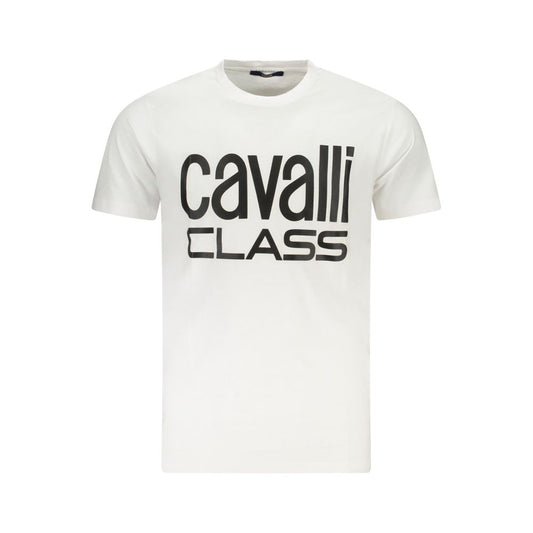Cavalli Class White Cotton T-Shirt with short sleeves, crew neck, and bold logo print on front.