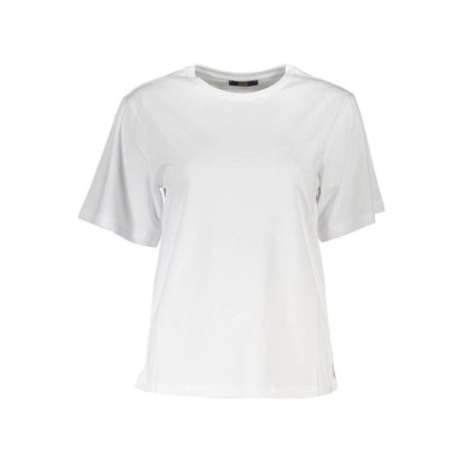 Cavalli Class White Cotton Women T-Shirt, slim fit, short sleeve, featuring a bold print and logo, crafted from fine cotton for comfort.