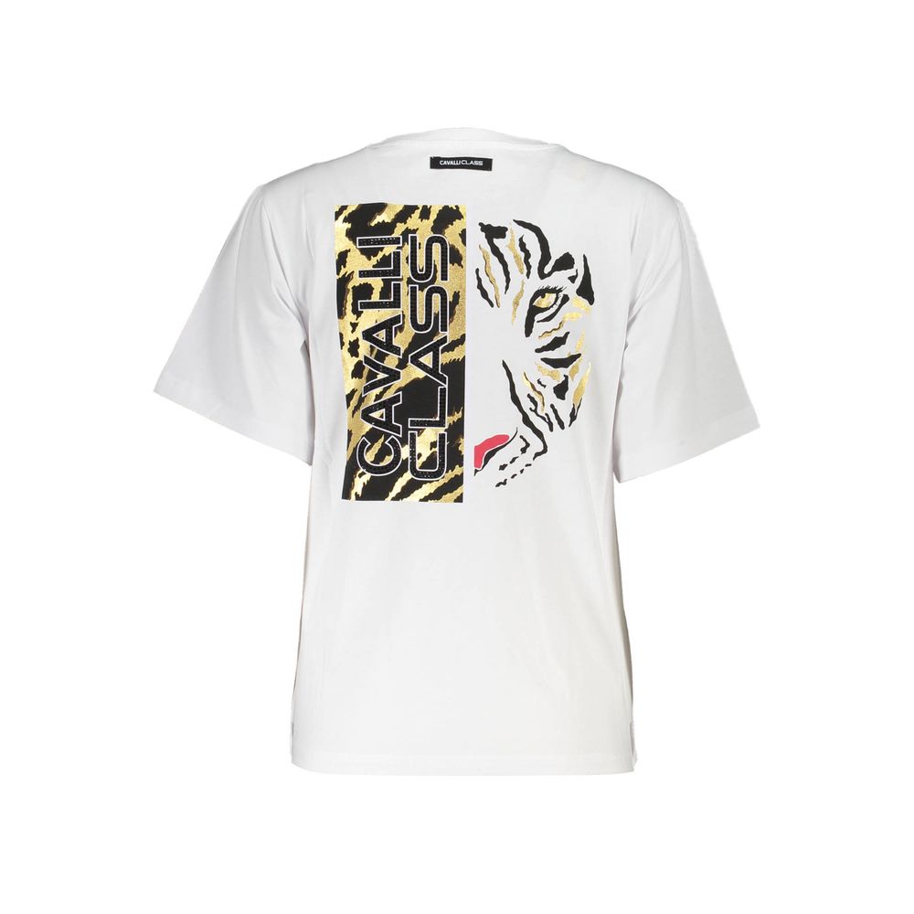 Cavalli Class White Cotton Women T-Shirt with bold print and logo on back, short-sleeve design.