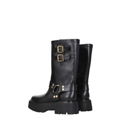 Side view of Celine Gold Leather Ankle Boots with buckle detail and mid heels. Casual style with rubber sole and round toe.