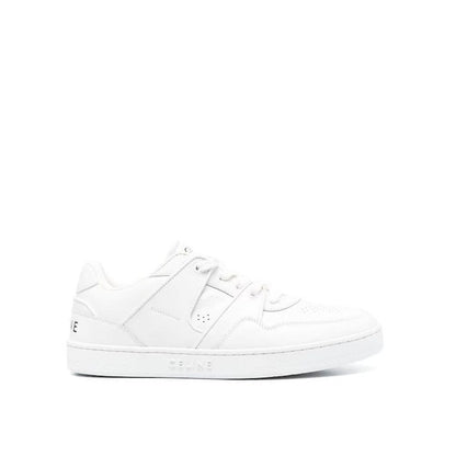 Celine White Calfskin Low Top Sneakers, men's luxury leather shoes with rubber sole, side logo, round toe, lace-up closure, made in Italy.
