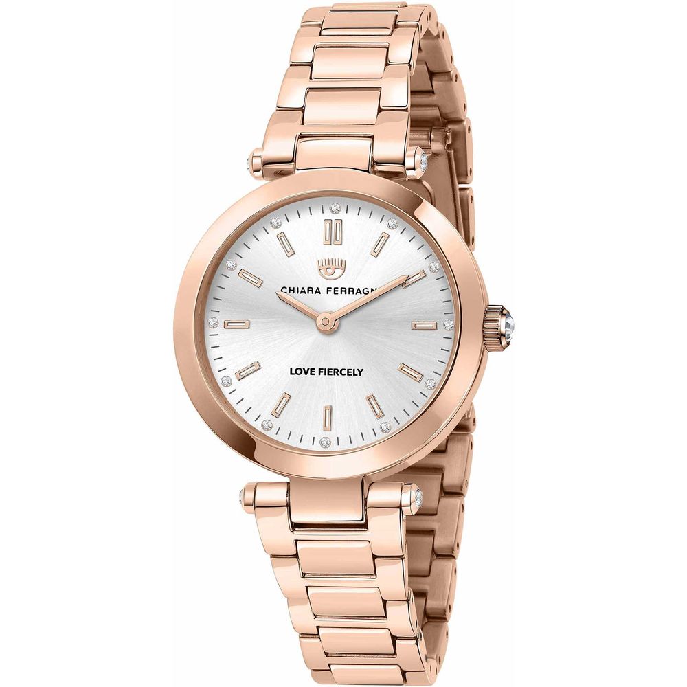Chiara Ferragni Multicolor Stainless Steel Dress Watch with pink bracelet and silver dial, quartz mechanism, analog display, 34mm size.