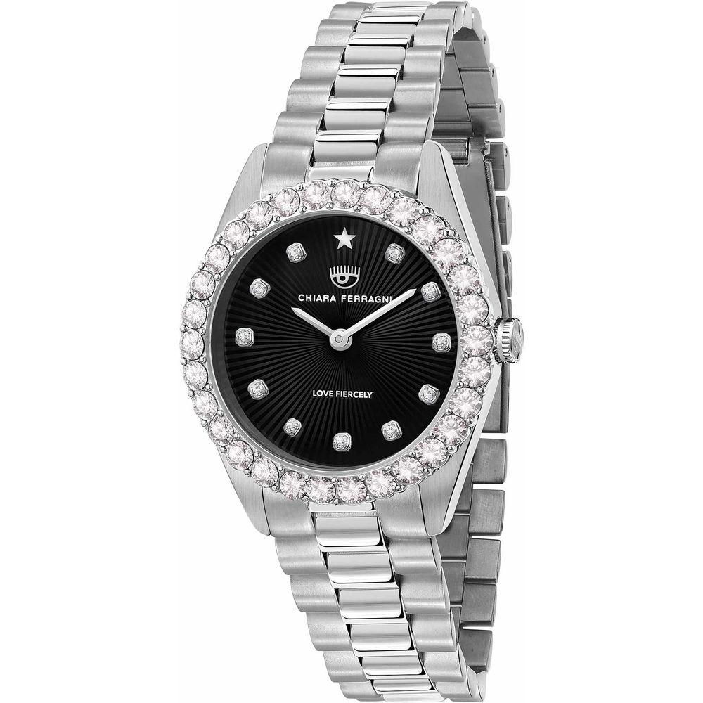 Chiara Ferragni Silver Stainless Steel Dress Watch with black dial, quartz mechanism, 32mm analog display, water-resistant up to 5 ATM.
