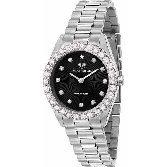 Chiara Ferragni Silver Stainless Steel Dress Watch with black dial, quartz mechanism, 32mm analog display, water-resistant up to 5 ATM.