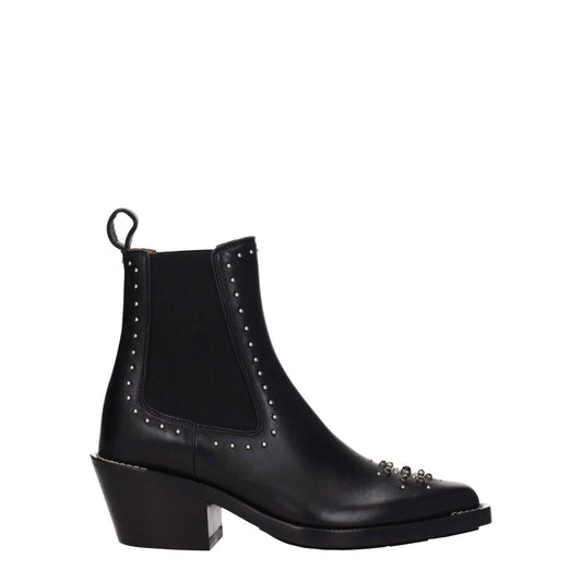 Chloé Black Leather Ankle Boots with studs and silver stones; features mid heels and square toe design; crafted from premium leather.