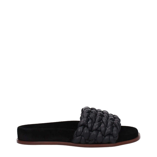 Chloé Black Leather Slippers - open toe, flat heel, casual style footwear with braided design.