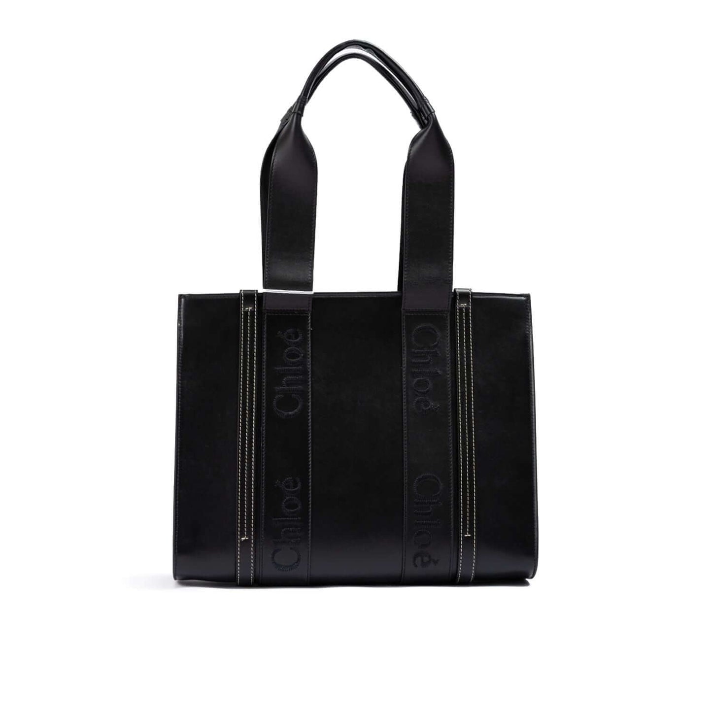 Chloé Black Woody Embroidered Logo Leather Medium Tote Bag with handles and sleek design, showcasing luxury and style.