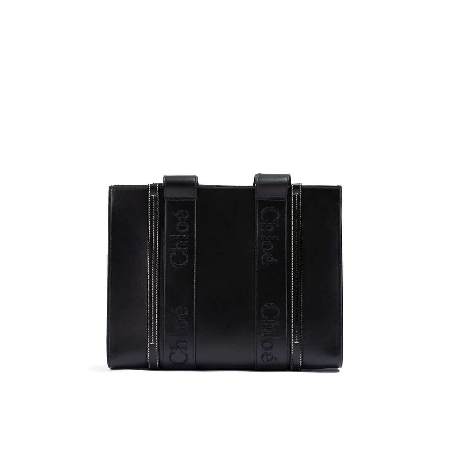 Chloé Black Woody Embroidered Logo Leather Medium Tote Bag with handles, medium size, and elegant black leather design.