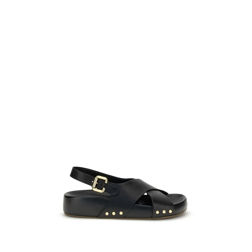 Chloé Mae Sandals with black crossed straps, gold Paddington buckle, and studs, featuring a comfortable anatomical insole.