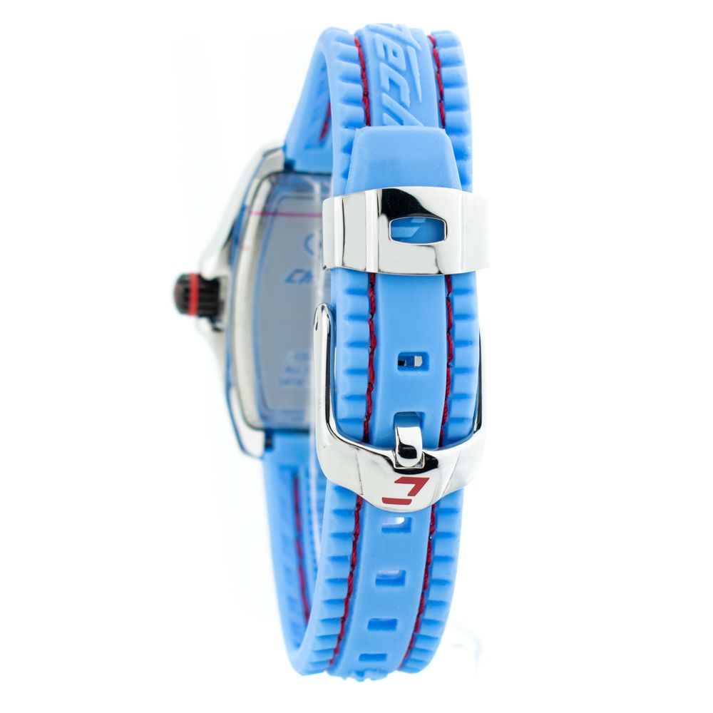 Side view of Chronotech Blue Rubber Sport Watch with stainless steel case, blue rubber bracelet, and silver buckle closure.