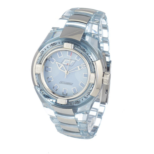 Chronotech Transparent Polycarbonate Dress Watch with blue dial, quartz movement, and pressure closure.
