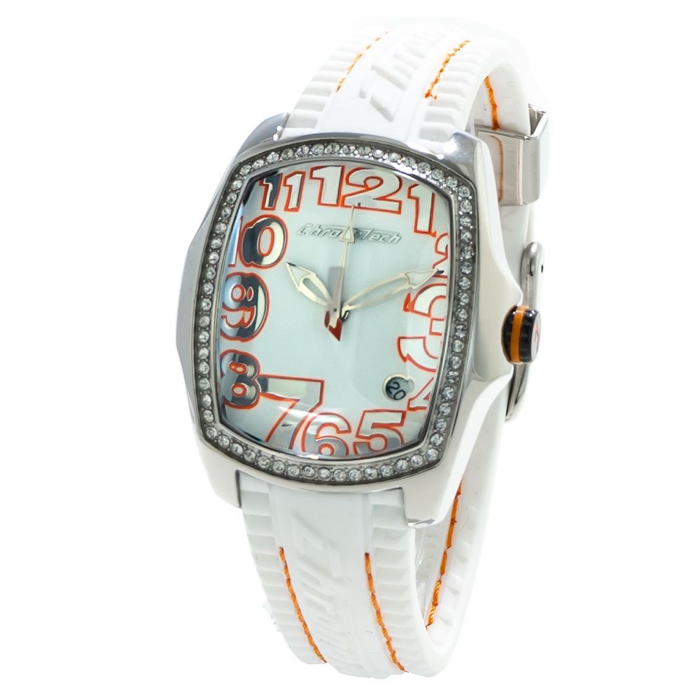 Chronotech White Rubber Dress Watch with silver steel case, white dial, orange numbers, and white rubber strap, analog quartz style.
