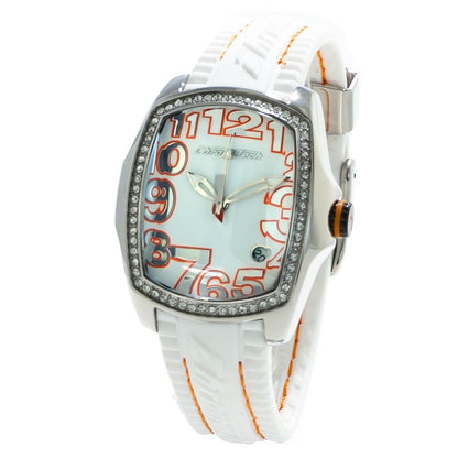 Chronotech White Rubber Dress Watch with silver steel case, white dial, orange numbers, and white rubber strap, analog quartz style.