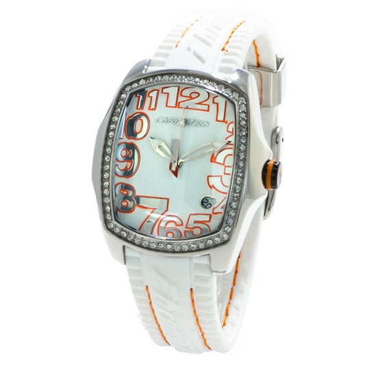 Chronotech White Rubber Dress Watch with silver steel case, white dial, orange numbers, and white rubber strap, analog quartz style.