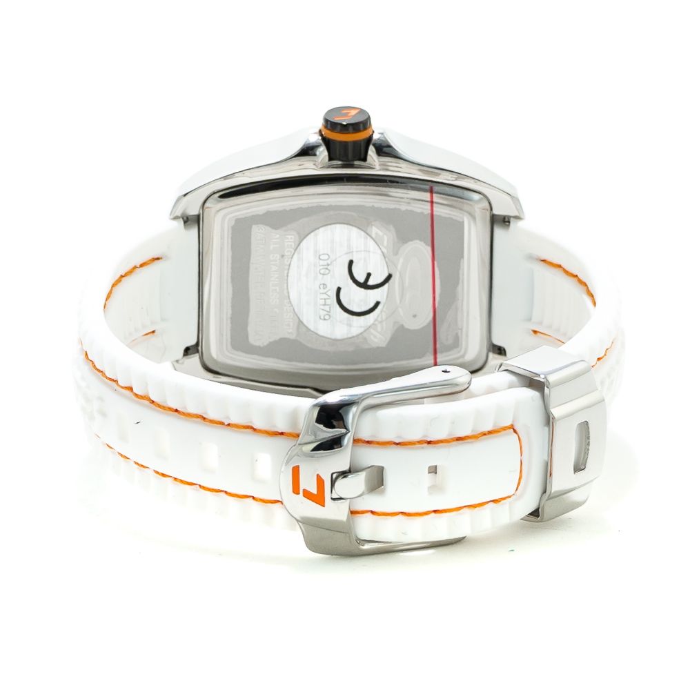 Chronotech White Rubber Dress Watch with silver steel case, white rubber strap, and buckle clasp, back view showing detail.