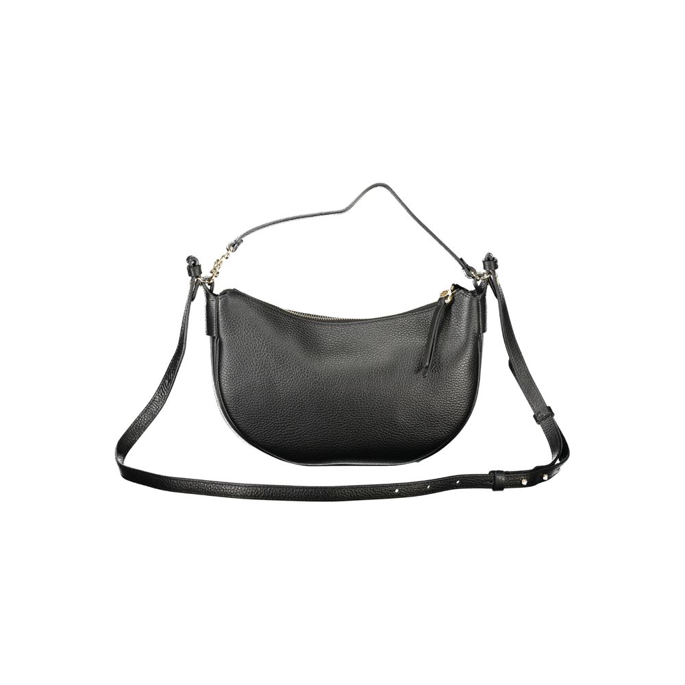 Coccinelle Black Leather Handbag with adjustable and removable shoulder strap, featuring zip closure and internal pocket.
