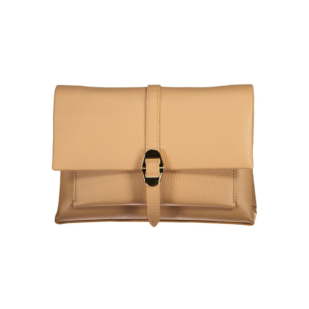 Beige leather clutch handbag with buckle closure on white background.