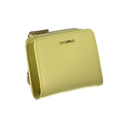 Coccinelle Yellow Leather Wallet with double card spaces, coin purse, zip, automatic closure, and logo detail.