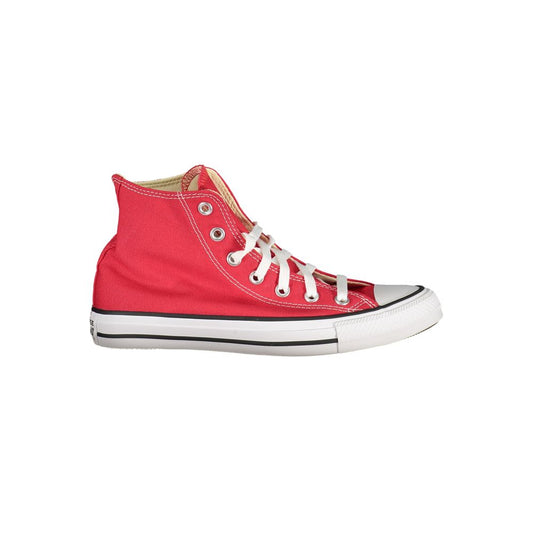 Converse Red Polyester Sneaker, high-top unisex design with white laces and contrast sole, featuring iconic logo