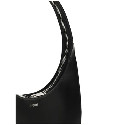 Coperni Black Leather Shoulder Bag with silver-tone zip and embossed logo, showcasing modern design.