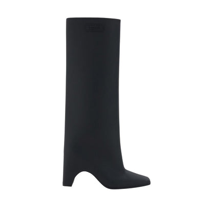 Alt Tag: Coperni Black Rubber Over The Knee boots with square toe and geometric heel, side view showcasing sleek silhouette and monogram.