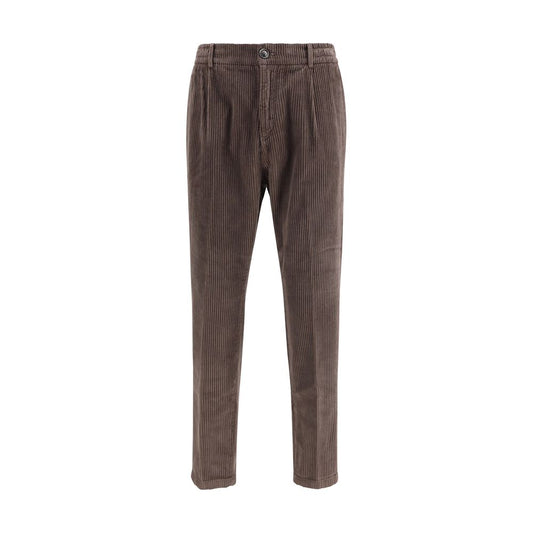 Cruna Brown Cotton Casual Pants in corduroy, featuring a slim cut and zip-and-button closure, perfect for versatile autumn wear.