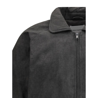 Close-up of Daily Paper Gray Cotton Bomber, showcasing classic collar and front zipper. Oversize fit, perfect for comfort and style.