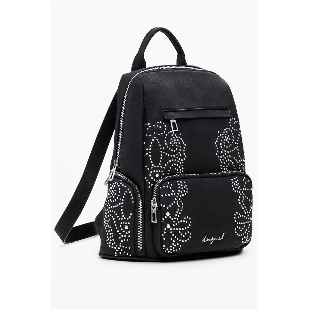 Desigual Black Polyethylene Women Backpack with studded details, featuring multiple pockets and zip closure for stylish functionality.