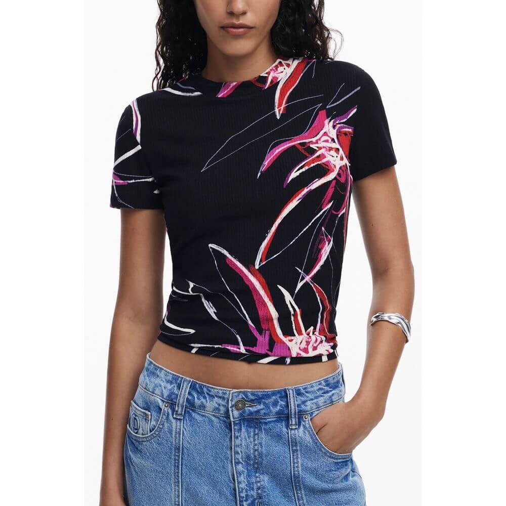Desigual Black Viscose Women Top with signature print, short sleeves, crew neck, and bold design for eclectic style.
