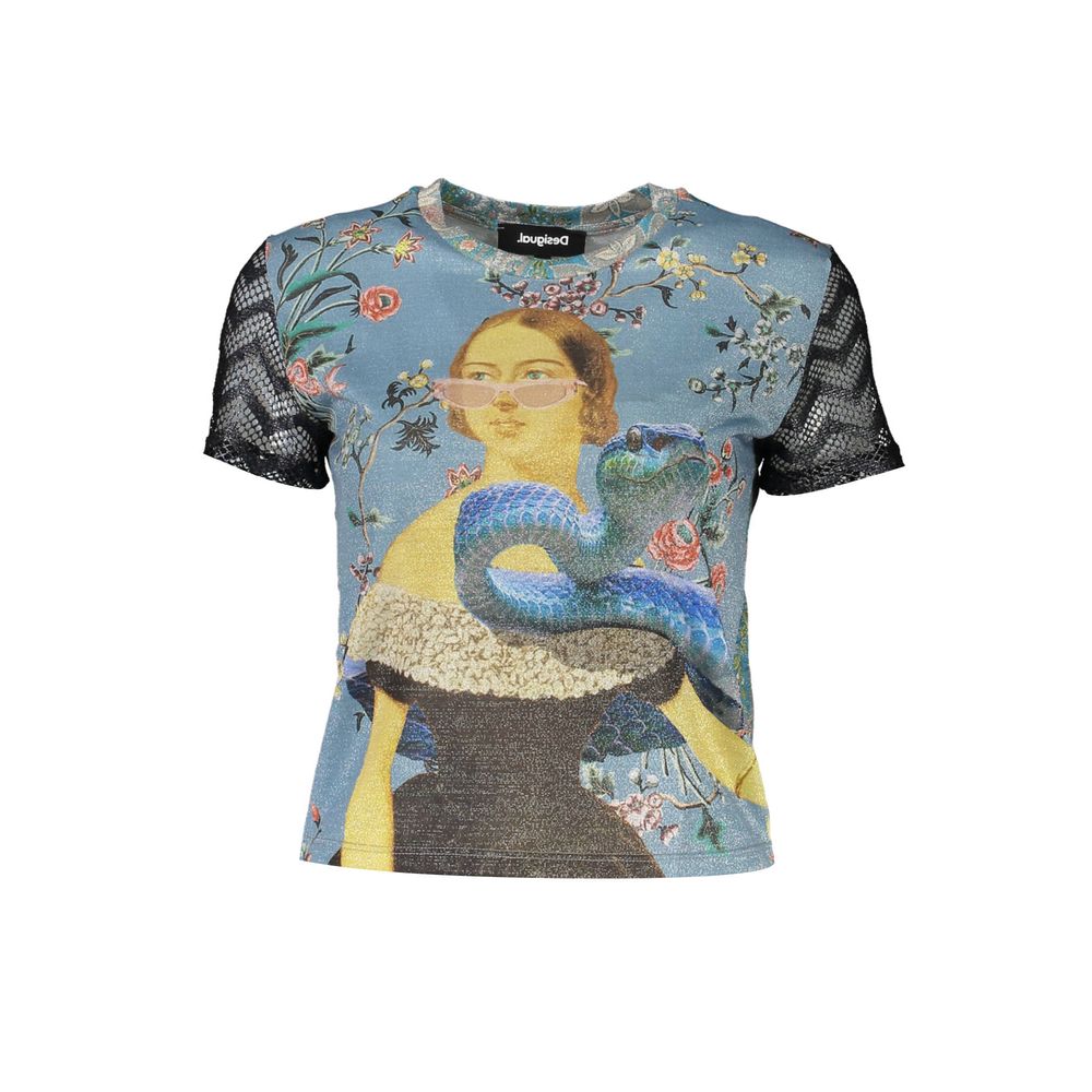 Desigual Blue Polyester Women T-Shirt with artistic print and short sleeves.