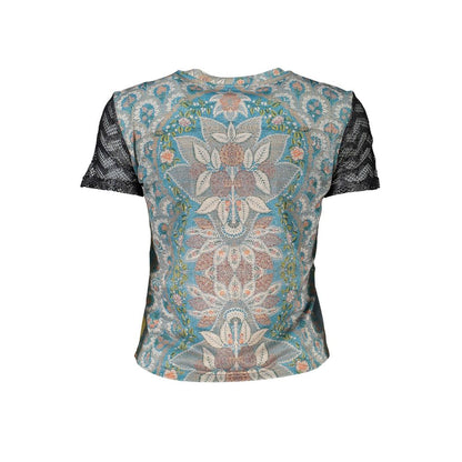 Back view of Desigual Blue Polyester Women T-Shirt with vibrant dynamic print and short sleeves, featuring iconic logo and metallic shimmer.