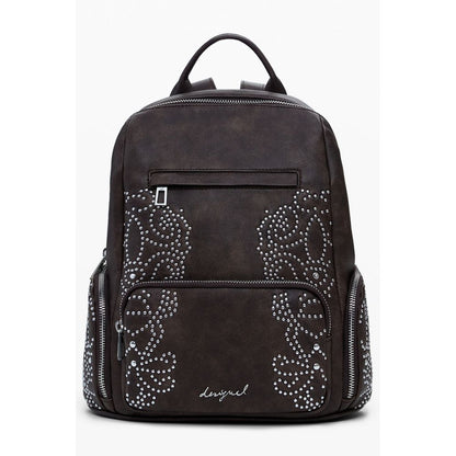 Desigual Brown Polyethylene Women Backpack with studded accents and multiple pockets, ideal for fashion-forward functionality.