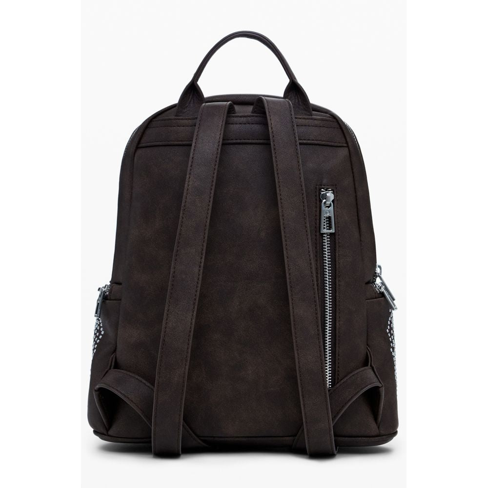 Back view of Desigual Brown Polyethylene Women Backpack with adjustable straps and zipper detailing.