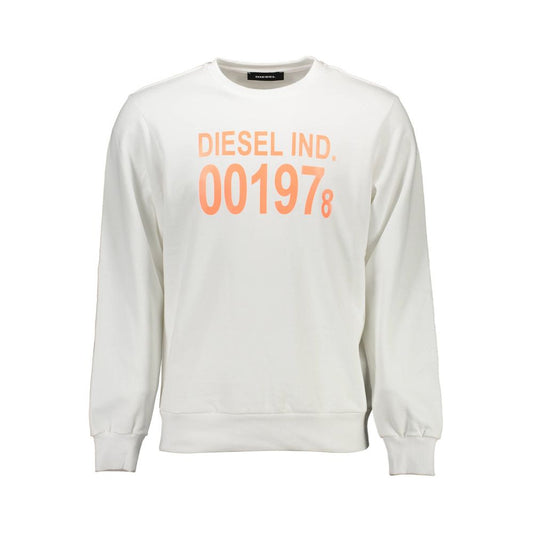 Diesel White Cotton Men Sweater with orange print and logo, crew neck, long sleeves, premium cotton, urban style sweatshirt.