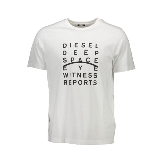 Diesel White Cotton Men T-Shirt with bold print and iconic logo for a stylish and confident look.