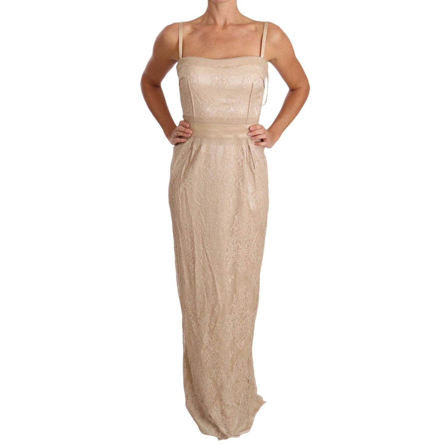 Dolce & Gabbana Beige Lace Spaghetti Strap Sheath Dress, elegant floor-length, zipper closure, exclusive Italian craftsmanship.