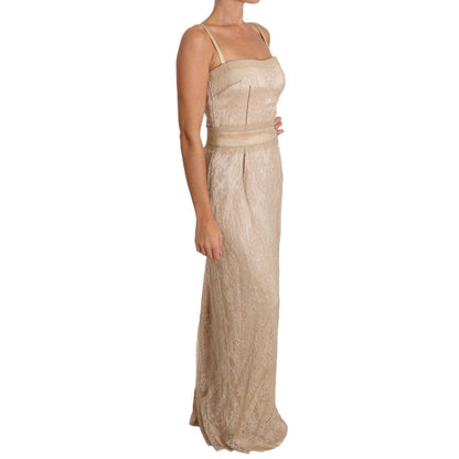 Dolce & Gabbana Beige Lace Spaghetti Strap Sheath Dress, floor-length with zipper closure, made in Italy, high-quality craftsmanship.