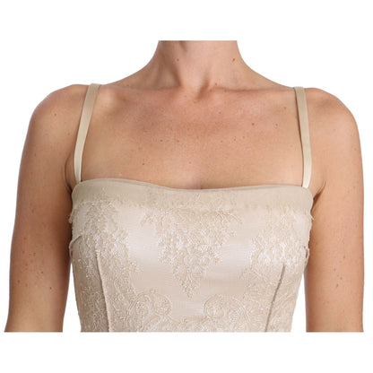 Dolce & Gabbana Beige Lace Spaghetti Strap Sheath Dress, elegant neckline detail, luxurious Italian craftsmanship, women’s fashion.