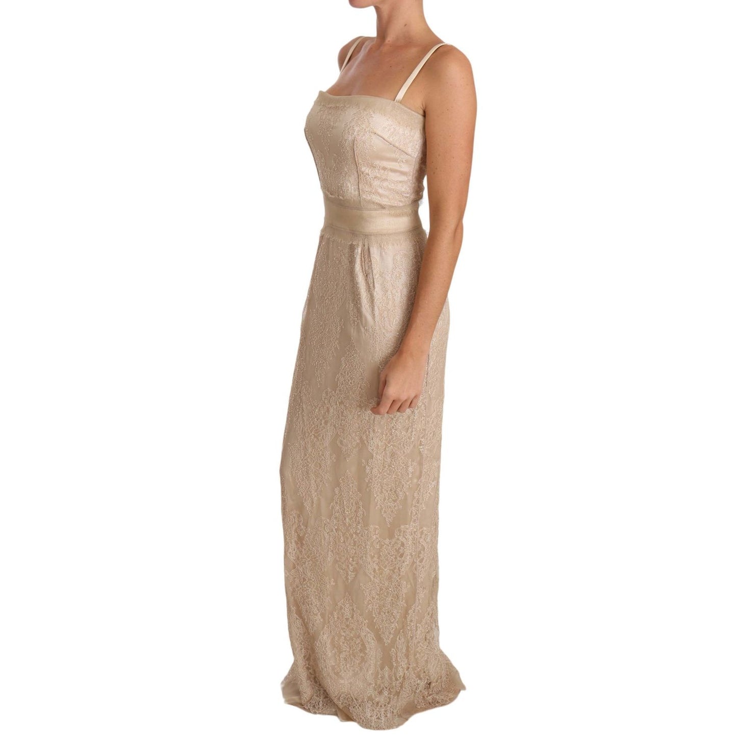 Dolce & Gabbana Beige Lace Spaghetti Strap Sheath Dress with zipper closure, floor length, elegant design, made in Italy.