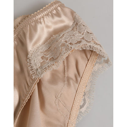 Dolce & Gabbana Beige Silk Satin Floral Lace Panty Brief Underwear