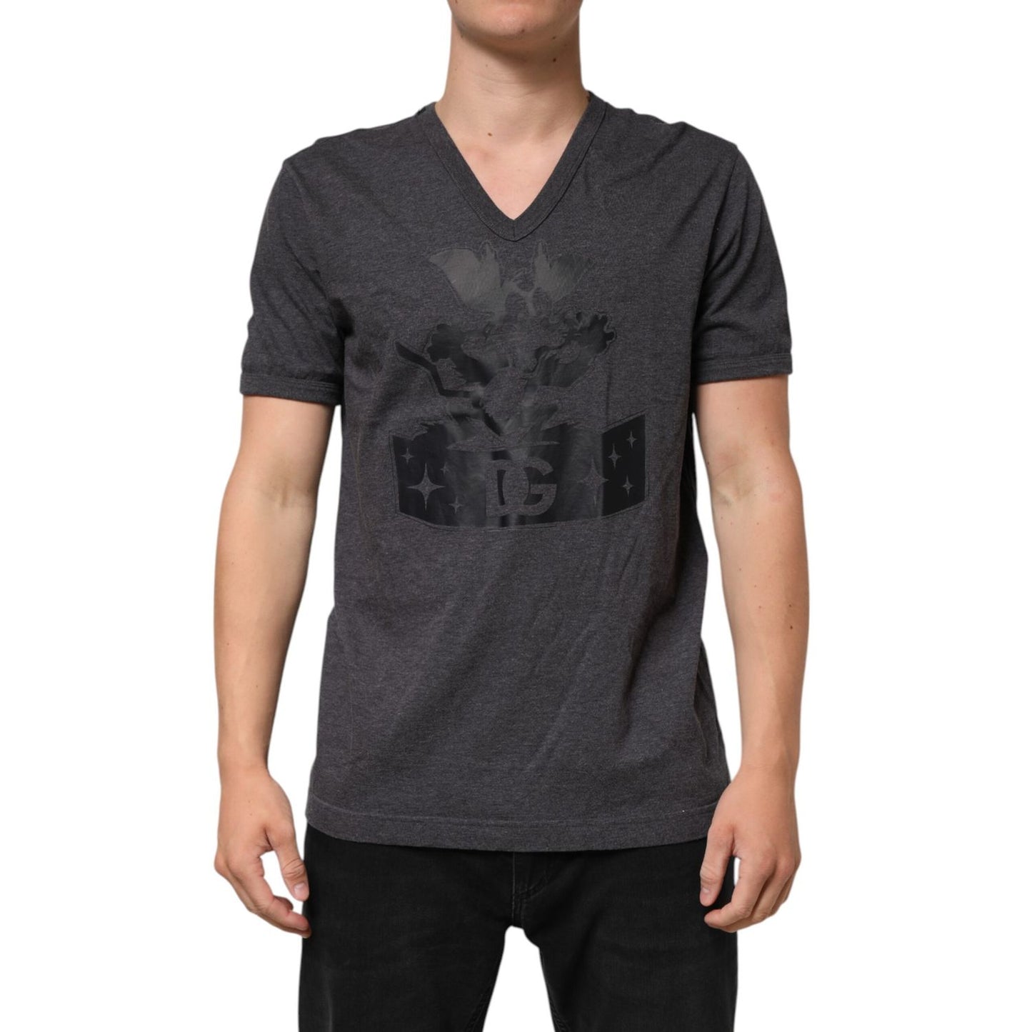 Dolce & Gabbana Black Charcoal DG Logo V-Neck Men T-shirt