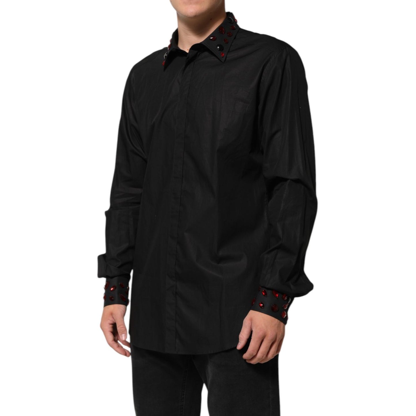 Dolce & Gabbana Black Cotton Embellished Collar Men’s Shirt